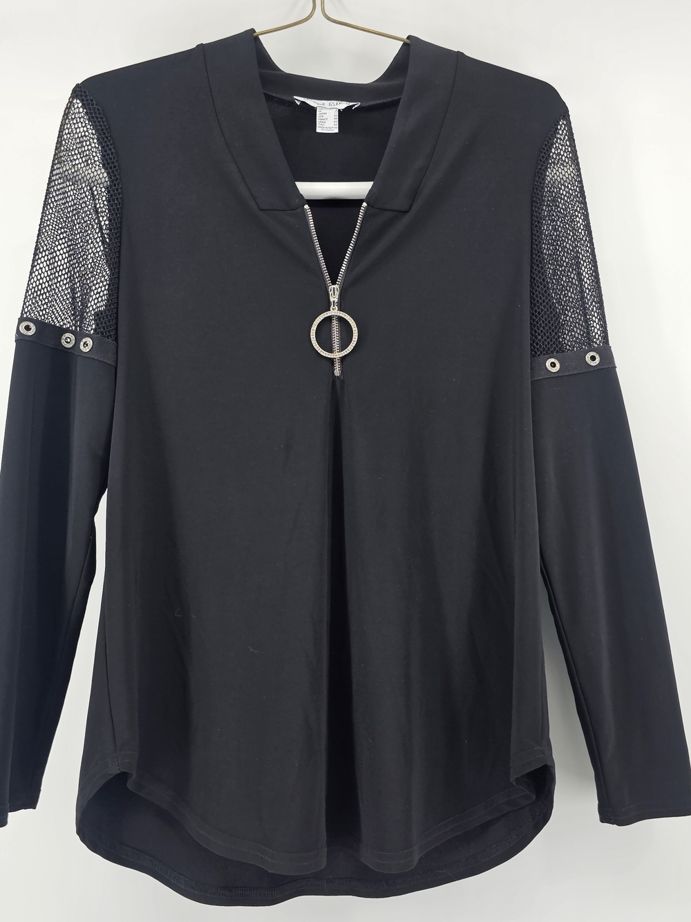 Joseph Ribkoff Black‎ Long-Sleeve Top with Mesh Sleeves and Rhinestone Ring Zip